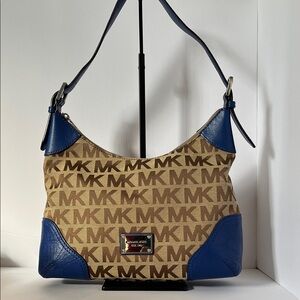 Michael Kors Signature Millbrook Tan and Blue Shoulder Bag